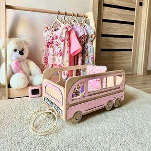 Pink personalized toy box, toddler toy bus on wheels, vintage nursery organizer, eco-friendly car shaped storage, custom playroom furniture