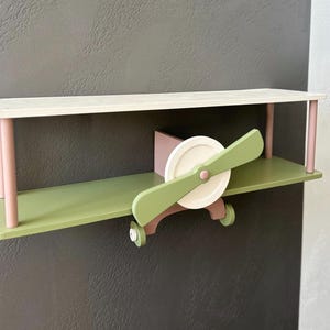Green wall mounted floating shelves set, wooden airplane cloud shelf, custom aviation nursery decor, birthday baby gift, kids wall bookshelf image 18
