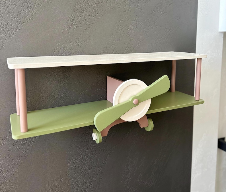Green wall mounted floating shelves set, wooden airplane cloud shelf, custom aviation nursery decor, birthday baby gift, kids wall bookshelf image 18