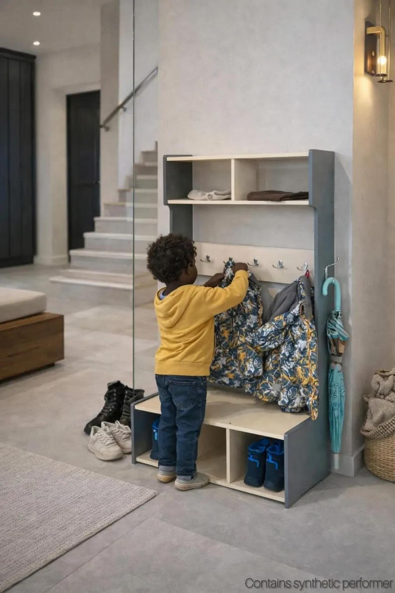 May include: A gray and light wood entryway storage unit featuring an upper shelf, a central row of metal hooks for hanging items, and a lower bench with two open storage compartments. A light blue umbrella hangs from a side hook on the unit.