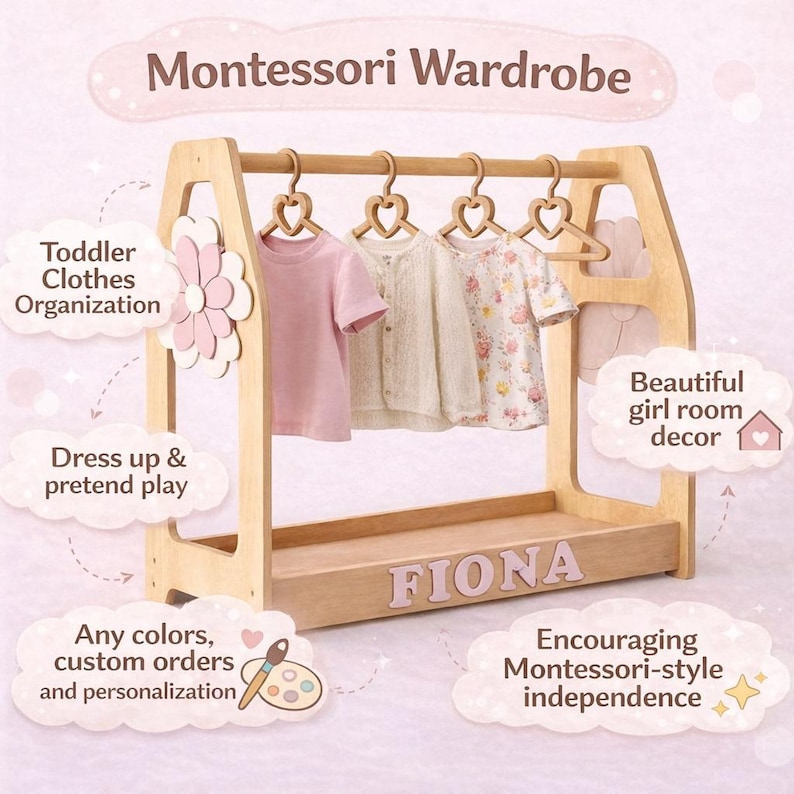 Girls Clothing Rack – Montessori Toddler Clothes Rack, Wooden Kids Clothes Rack, Dress Up Rack, Girl Room Decor image 6