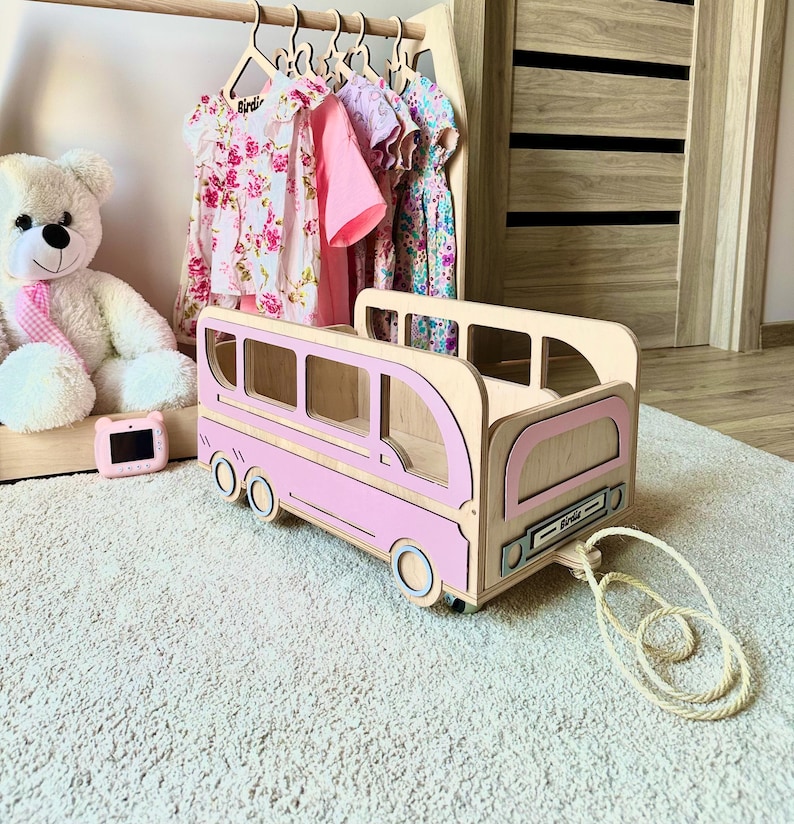 Pink Wooden Toy Bus on Wheels, Personalized Toy Box, Vintage Nursery ...
