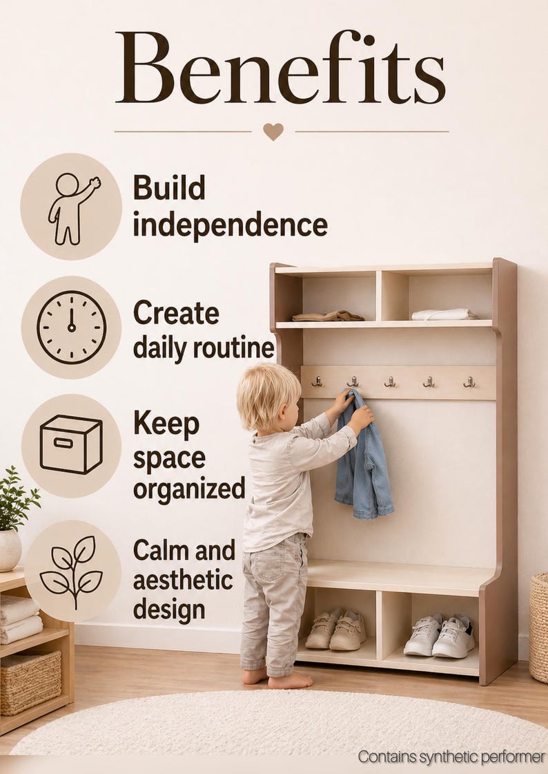 May include: A light-colored wooden storage unit with an open top shelf, a middle section featuring five metal hooks for hanging items, and two bottom cubbies for shoes. The unit is labeled with text listing benefits including build independence, create daily routine, keep space organized, and calm and aesthetic design.