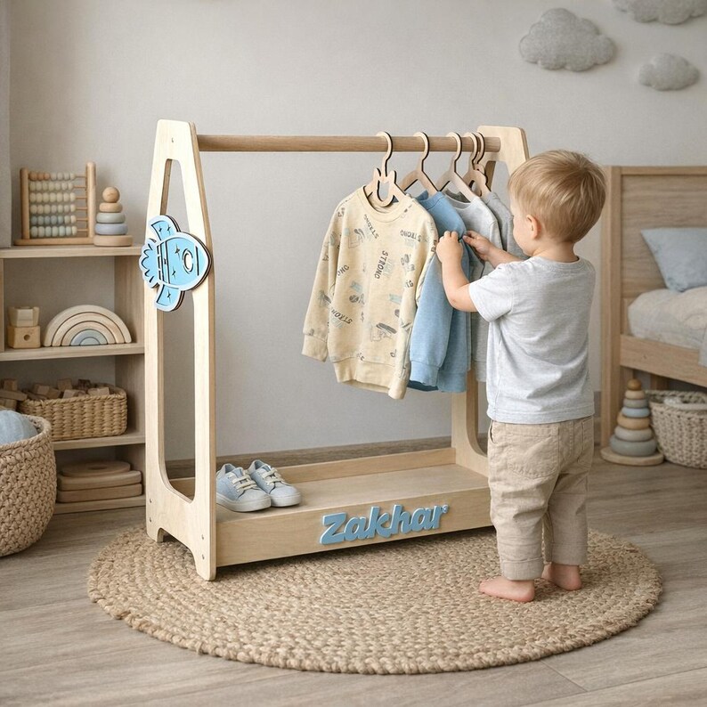 Baby Cloth Rack Present Personalized Toddler Clothing Rack Boy, Montessori Wardrobe With Name ...