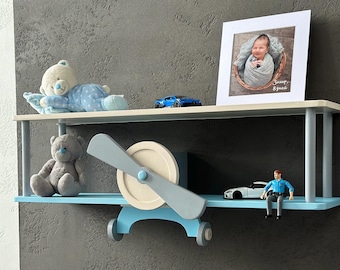 Nursery wall plane shelf, wooden kids floating shelves, grandchild gift, Christmas grandson gift, hanging nursery bookshelf, aviation decor