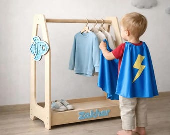 Kids Dress Up Rack Boy – Pretend Play Station, Superhero Costume Rack, Montessori Wardrobe, Toddler Dress Up Stand, Costume Organizer Kids
