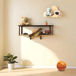 Green wall mounted floating shelves set, wooden airplane cloud shelf, custom aviation nursery decor, birthday baby gift, kids wall bookshelf brown