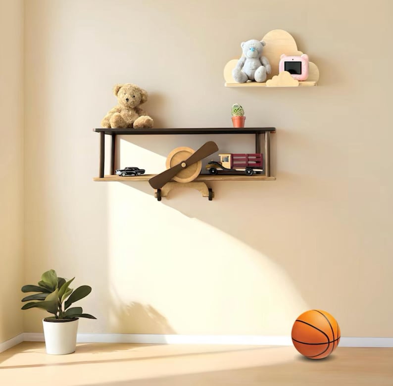Green wall mounted floating shelves set, wooden airplane cloud shelf, custom aviation nursery decor, birthday baby gift, kids wall bookshelf brown