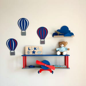 Brown wall mounted airplane shelf, beige cloud floating shelf, aviation nursery decor, wooden kids bookshelf, birthday baby gift idea Navy + red
