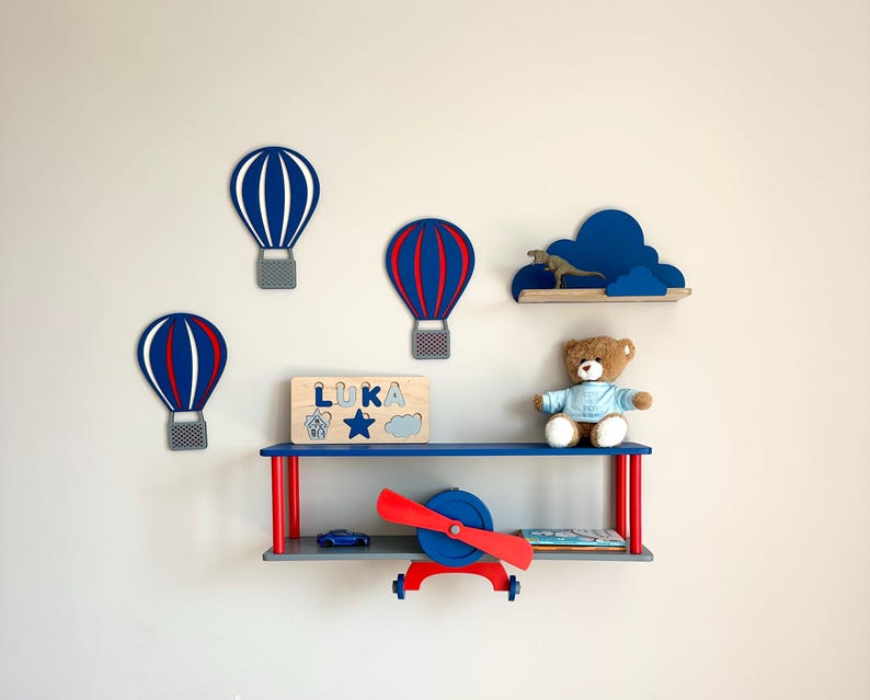 Brown wall mounted airplane shelf, beige cloud floating shelf, aviation nursery decor, wooden kids bookshelf, birthday baby gift idea Navy + red