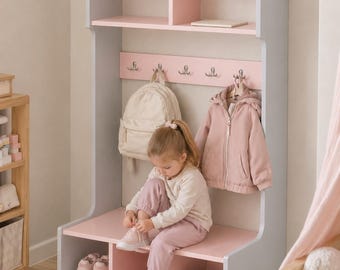 Montessori Wardrobe for Girls, Pink Toddler Closet Rack with Bench, Kids Clothing Organizer, Girl Room Furniture, Personalized Gift