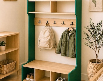 Luxury Montessori Wardrobe in Dark Green – Kids Clothing Rack with Bench, Modern Toddler Closet, Neutral Nursery Furniture