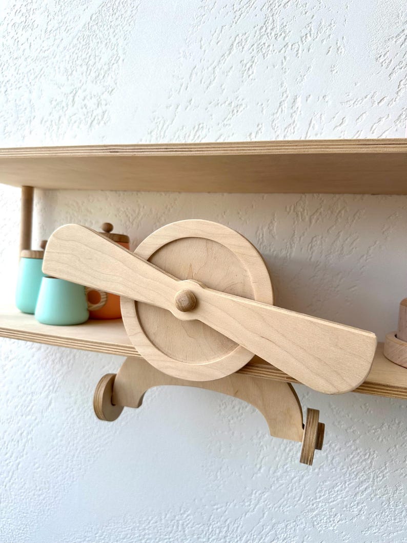 Brown wall mounted airplane shelf, beige cloud floating shelf, aviation nursery decor, wooden kids bookshelf, birthday baby gift idea image 16