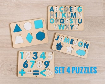 Set 4 puzzles Geometric puzzle for boy Colorful puzzle set 4 year old boy gift Educational toy unique boy gift Custom wooden number puzzle