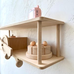 Brown wall mounted airplane shelf, beige cloud floating shelf, aviation nursery decor, wooden kids bookshelf, birthday baby gift idea image 15