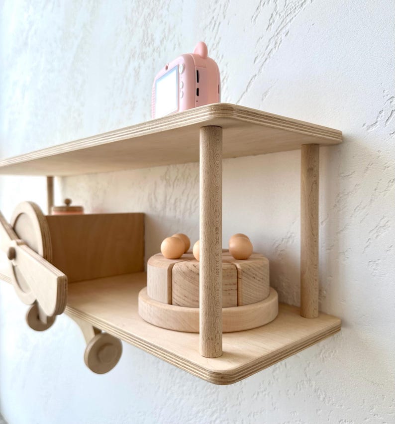 Brown wall mounted airplane shelf, beige cloud floating shelf, aviation nursery decor, wooden kids bookshelf, birthday baby gift idea image 15