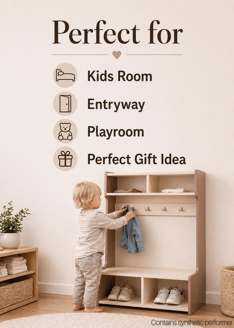 May include: A light-colored wooden storage unit featuring an upper shelf with two compartments, a middle section with four metal hooks, and a lower bench with two open storage cubbies. The wall above displays text reading Perfect for Kids Room, Entryway, Playroom, Perfect Gift Idea.
