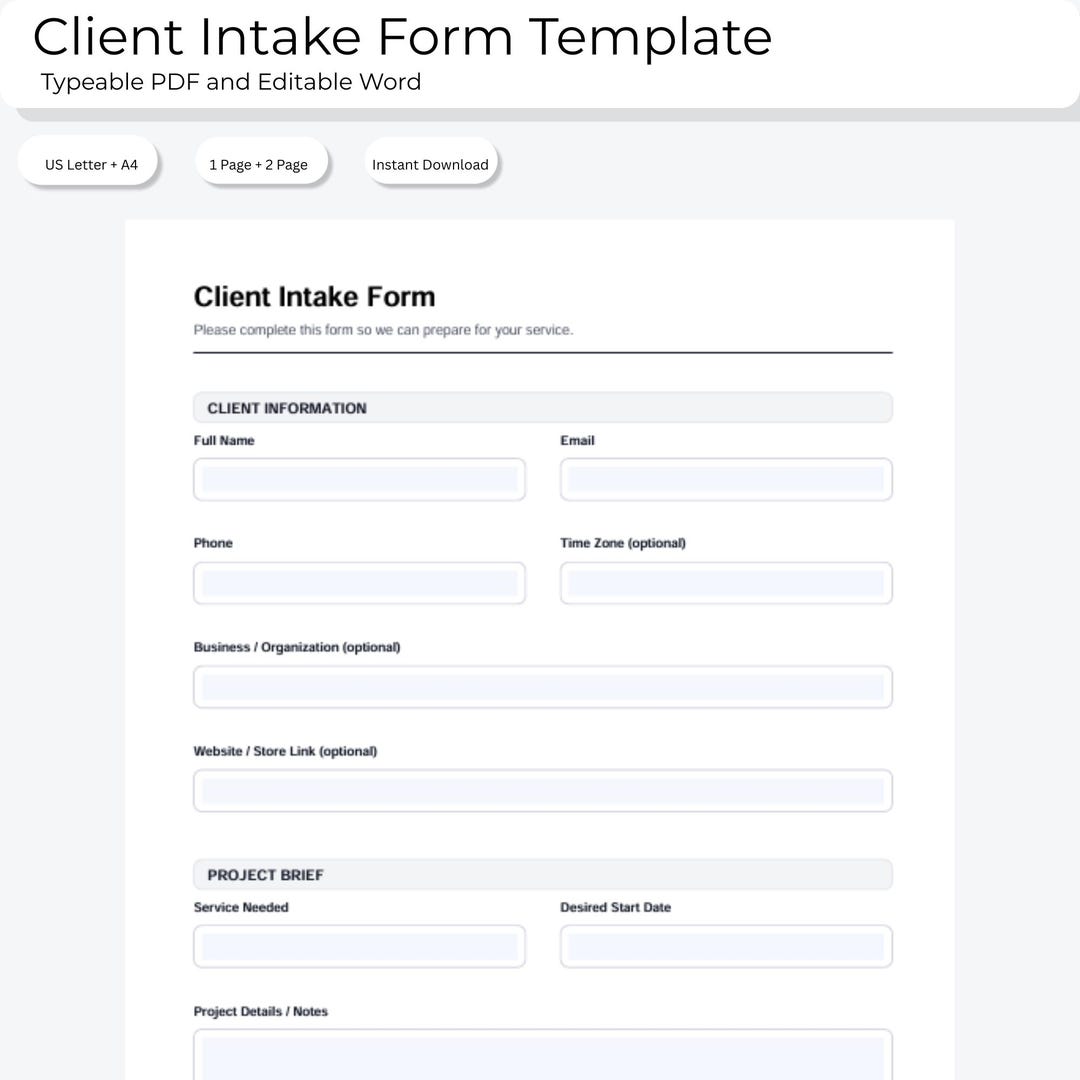 Client Intake Form Template | Typeable PDF + Word | US Letter + A4 | 1 ...