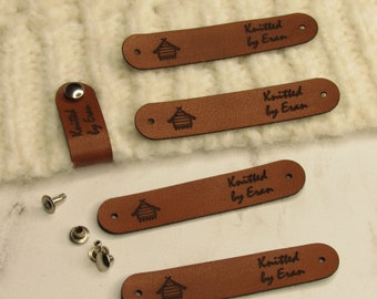Tags for crochet with rivet snaps, personalized with custom logo or text for knits, crochet and handmade brands, made with love
