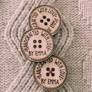 Customized Logo Product tags, personalized wood buttons for knitted and crochet items, buttons for handmade items, custom logo wooden button