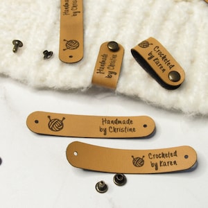 Custom tags for knits and crochet, faux leather labels for handmade items, leather tags with rivets, tags for knitted hats