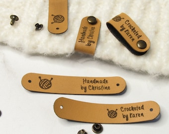 Custom tags for knits and crochet, faux leather labels for handmade items, leather tags with rivets, tags for knitted hats