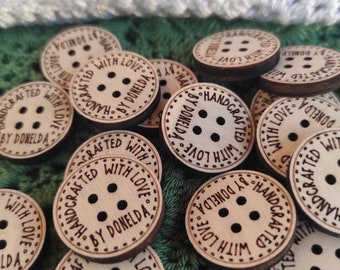 Buttons, 100 tags for handmade item, wooden buttons, personalized buttons, handmade tag, flat back buttons, 1 inche button, knitters buttons