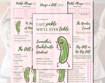 May include: A set of bachelorette party game cards and an invitation featuring a light pink striped background, dark green text, and a cartoon pickle character holding a pink cocktail. The text includes details for Samantha's Bachelorette Weekend.