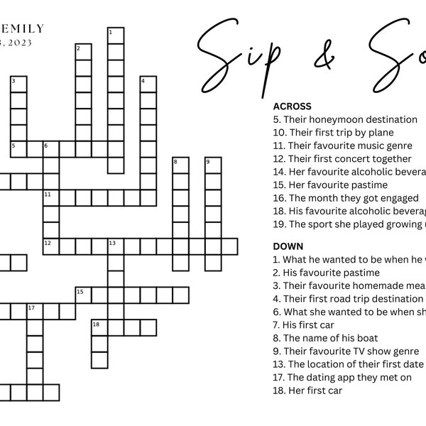 Wedding Sip n Solve Crossword - Digital Download