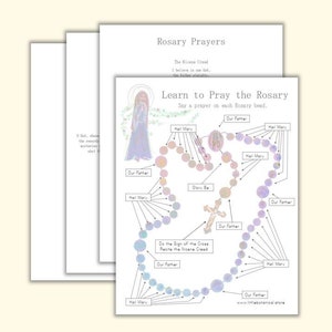 May include: A colorful diagram showing how to pray the Rosary. The diagram features a circle of beads with arrows pointing to the different prayers to be said on each bead. The text includes "Learn to Pray the Rosary" and "Say a prayer on each Rosary bead."