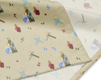 Holy Family print bandana Catholic kerchief with the Sacred Heart, Carpenters Square & Lily, and Marian M Symbol, Traditional Head Covering