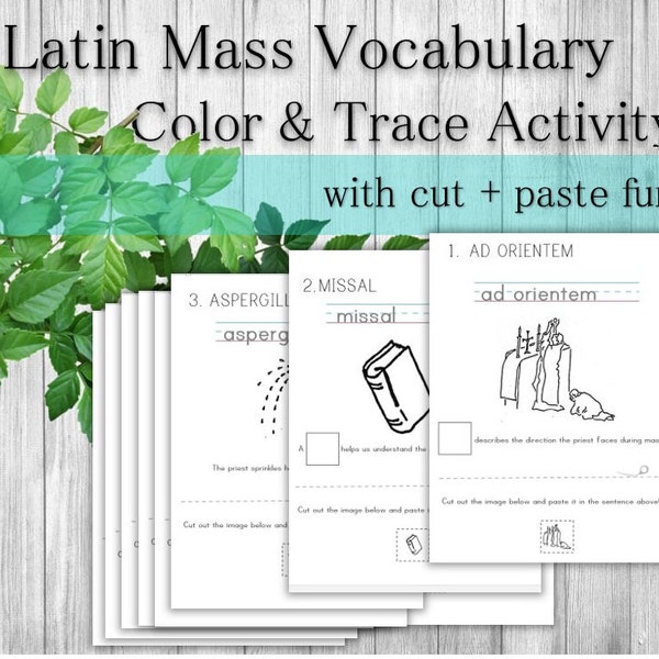 Traditional Latin Mass Vocabulary Pre-K Worksheet Packet for Learning Catholic Words and Phrases for Prayer, Homeschool, and Religious Ed