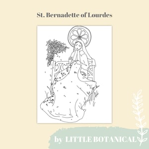 May include: Black and white line art illustration of Saint Bernadette of Lourdes, a Catholic saint, kneeling in prayer with a halo above her head. The image is suitable for coloring.