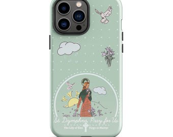 Capa resistente St. Dymphna Design para iPhone® 11, 12, 13 Pro Plus Max, cor azul-marinho com símbolos católicos e estampa floral de bolinhas