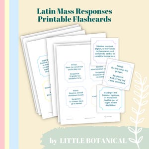 May include: A stack of white printable flashcards with Latin Mass responses. The cards have text in a serif font and are labeled "Latin Mass Responses Printable Flashcards". The background is a light beige with pastel stripes and a botanical illustration.