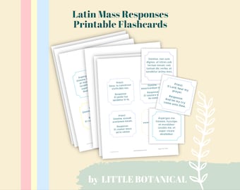 Flashcards imprimíveis com orações e respostas para missas em latim, com tradução em inglês no verso e texto em latim na frente. Pratique o aprendizado do TLM.