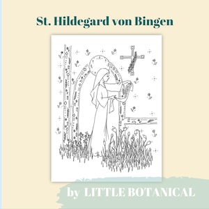 Może przedstawiać: Czarno-biała ilustracja liniowa Świętej Hildegardy z Bingen, niemieckiej opatki benedyktyńskiej, mistyczki, kompozytorki, filozofki i teologa. Jest przedstawiona stojąca przed drzwiami z krzyżem nad nimi. Obraz jest otoczony obramowaniem z kwiatów i liści.