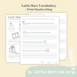 Puede incluir: Hoja de trabajo imprimible en blanco y negro con ilustraciones de artículos de la misa católica. La hoja de trabajo incluye las palabras "Latin Mass Vocabulary" y "Print Handwriting".