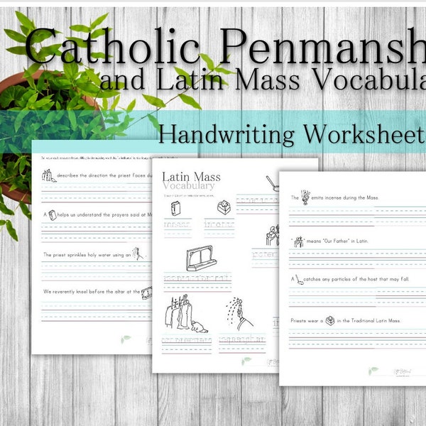 Catholic Handwriting Worksheet Set Featuring Traditional Latin Mass Vocabulary for Homeschool, Religious Education, and Prayer. Printable.
