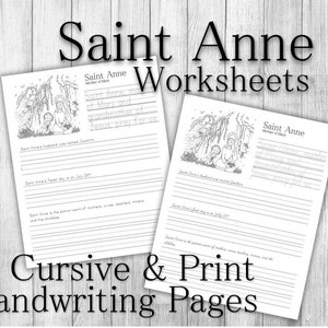 Puede incluir: Hojas de trabajo imprimibles en blanco y negro con un dibujo de Santa Ana, la madre de María. Las hojas de trabajo incluyen líneas de práctica de escritura cursiva e impresión con el texto "Santa Ana, madre de María" y "Santa Ana, madre de María y abuela de Jesús, reza por nosotros."