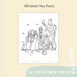 May include: Black and white line art illustration of a group of saints standing in a forest. The saints are wearing robes and holding various objects. There are stars in the sky and a cat in the foreground. The text "All Saints' Day Party" is at the top of the image.