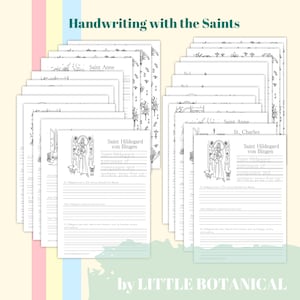 Op de afbeelding: Een verzameling witte oefenbladen voor handschrift met illustraties van heiligen, met de tekst "Handwriting with the Saints". De bladen bevatten de namen van heiligen en gerelateerde informatie. De tekst "by LITTLE BOTANICAL" staat rechtsonder.