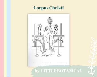 Ostensório Corpus Christi para colorir para crianças católicas: cena de missa e adoração para aulas de religião em casa (recurso didático)