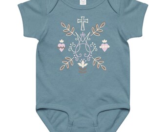 Body nórdico católico para bebê em jersey com Auspice M, Imaculado Coração, Lírios da Little Botanical, presente religioso para bebê, batismo ou chá de bebê
