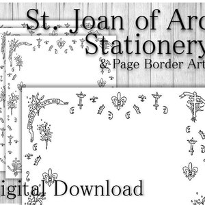 Borde de papelería de Santa Juana de Arco para imprimir y descargar con símbolos de santos católicos, flor de lis, texto en latín, para niñas, regalo de confirmación
