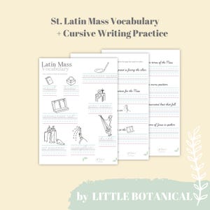 May include: Black and white printable worksheet with cursive writing practice for Latin Mass vocabulary. The worksheet includes illustrations of a chalice, a priest, a tabernacle, and other items related to the Catholic Mass.