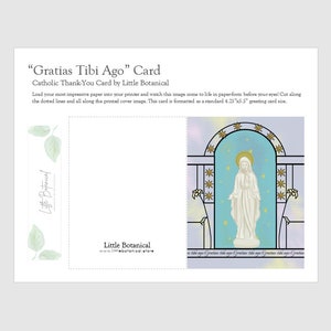Carte de remerciement catholique imprimable avec texte latin, carte de voeux de taille standard avec image mariale, art nouveau vaporwave avec lys et étoiles