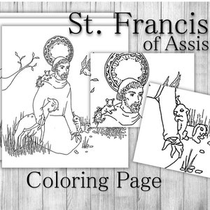 Può includere: Pagina da colorare in bianco e nero con San Francesco d'Assisi in ginocchio con gli animali. Il titolo "St. Francis of Assisi Coloring Page" è in fondo alla pagina.