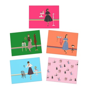 Katholische "Sonntagsbeste" Retro-Mode-Illustrations-Grußkarten 5er-Pack für Frauen, bescheidene christliche Massenkleidung-Kapellenschleier-Rosenkranz-Messbuch."