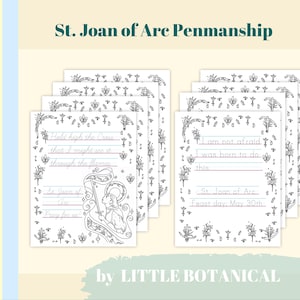 Puede incluir: Un conjunto de hojas de práctica de caligrafía con el texto "St. Joan of Arc Penmanship". Cada hoja tiene un borde decorativo y líneas para escribir. Las hojas presentan citas e ilustraciones.
